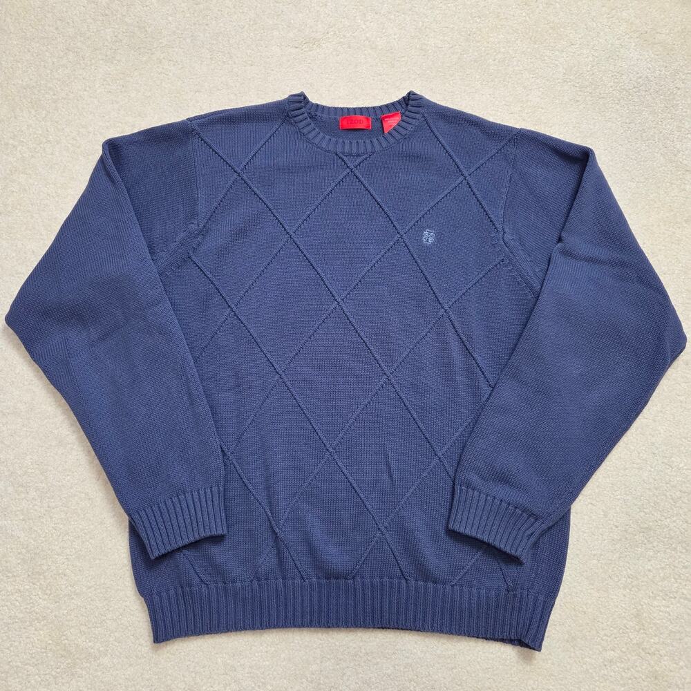 Izod Men's S Cotton Textured Diamond/Argyle Crew Neck Sweater Blue
